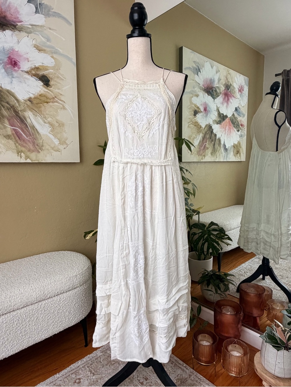 ** NWT ** Free People Cream Boho Embroidered Midi Dress XS
